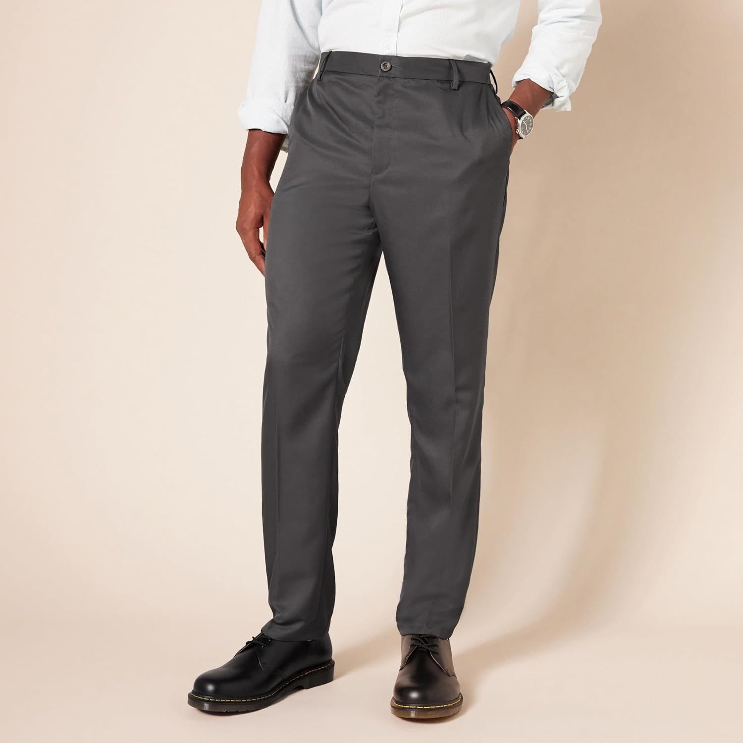 image:imageAmazon Essentials Mens SlimFit FlatFront Dress Pants Straight Leg Polyester StoneDark Grey