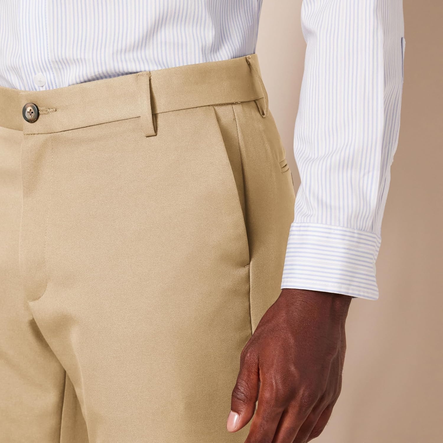 image:imageAmazon Essentials Mens SlimFit FlatFront Dress Pants Straight Leg Polyester StoneKhaki