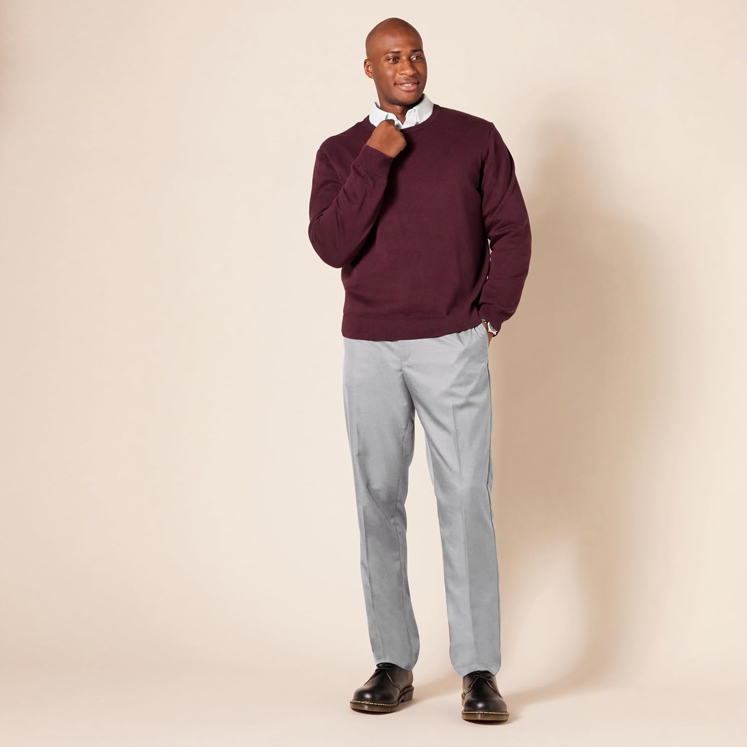 image:imageAmazon Essentials Mens SlimFit FlatFront Dress Pants Straight Leg Polyester StoneLight Grey