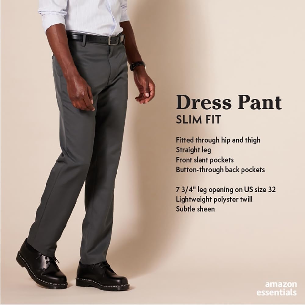 image:imageAmazon Essentials Mens SlimFit FlatFront Dress Pants Straight Leg Polyester StoneLight Grey