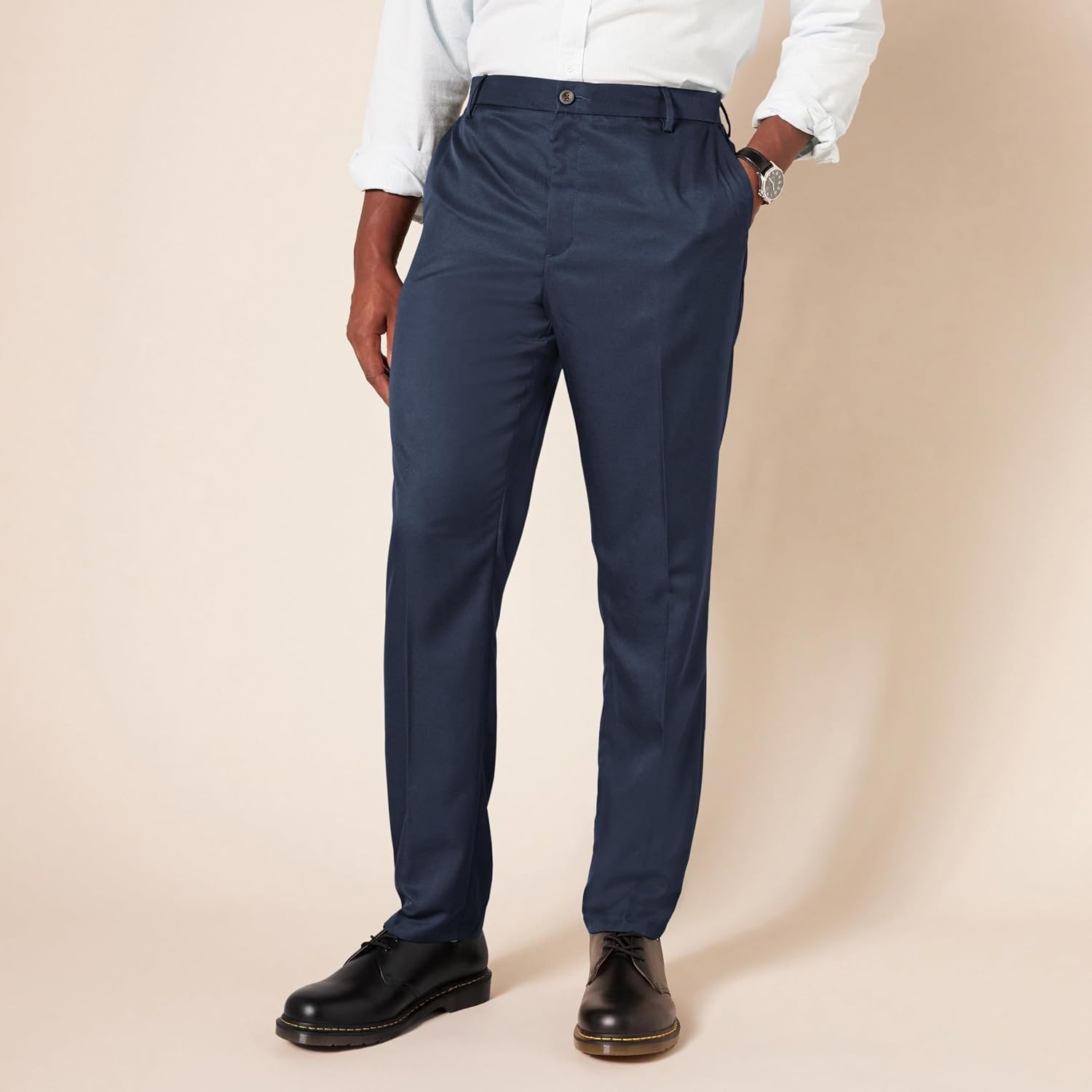 image:imageAmazon Essentials Mens SlimFit FlatFront Dress Pants Straight Leg Polyester StoneNavy