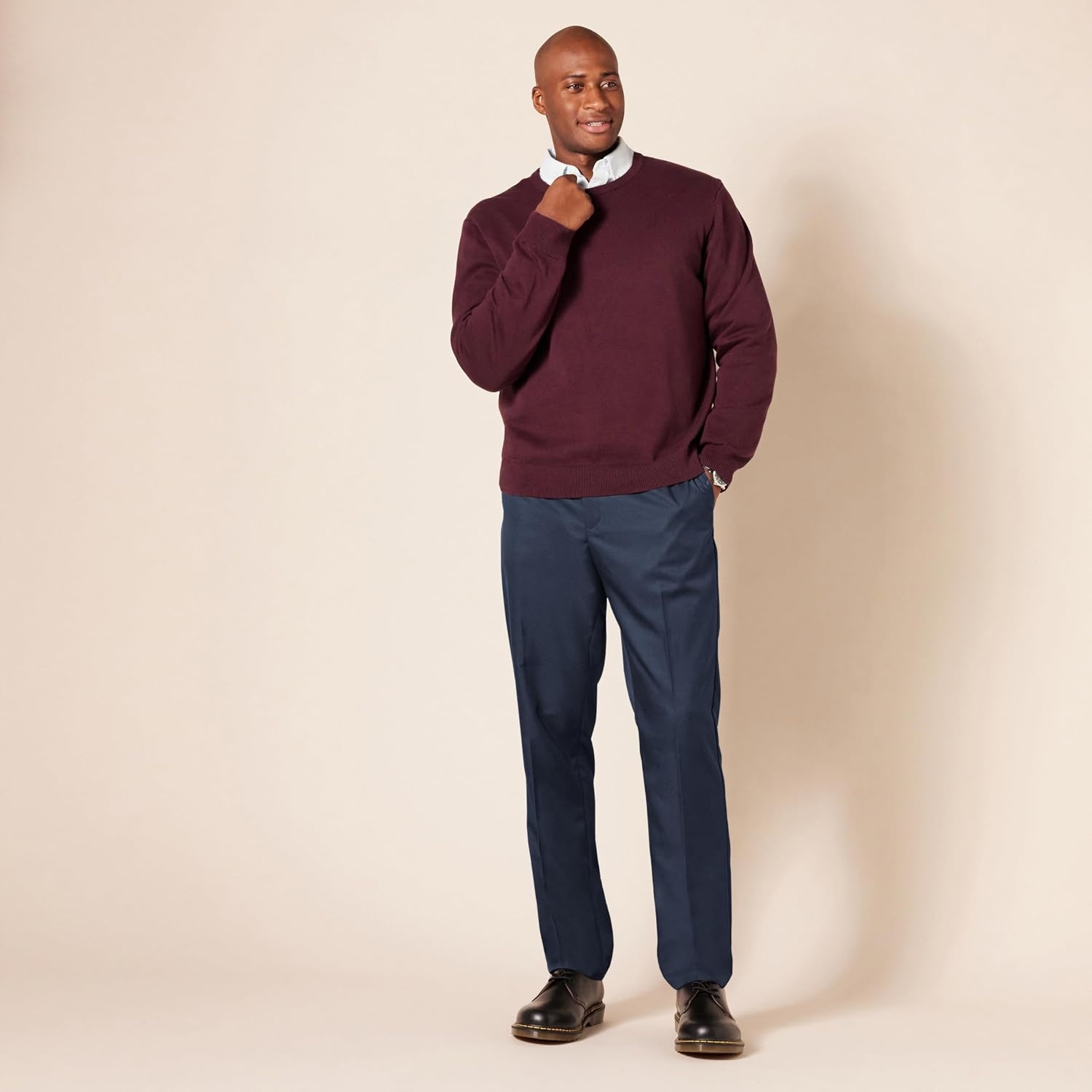 image:imageAmazon Essentials Mens SlimFit FlatFront Dress Pants Straight Leg Polyester StoneNavy