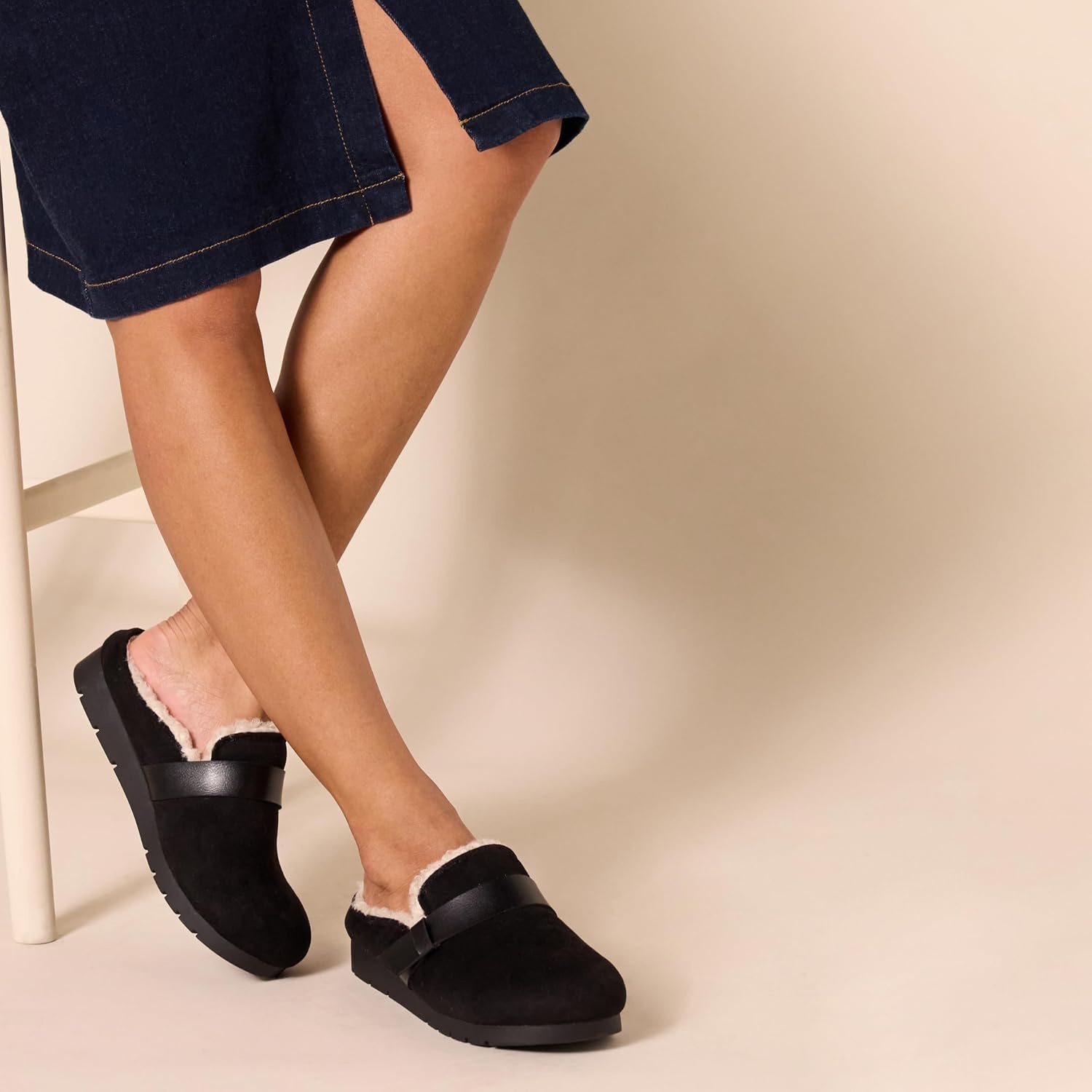 image:imageAmazon Essentials Womens Backless Shearling Memory Foam Mule Slides NonSlipBlack Microsuede