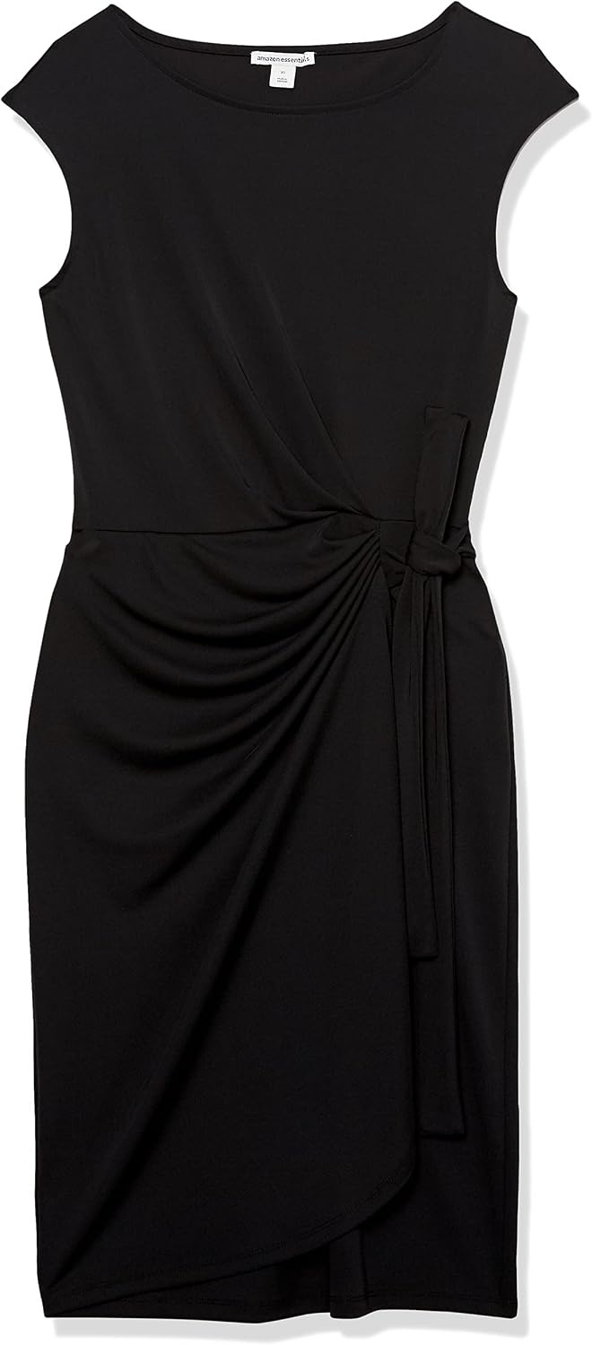image:imageAmazon Essentials Womens Cap Sleeve BoatNeck Faux Wrap Pleated Matte Jersey DressBlack