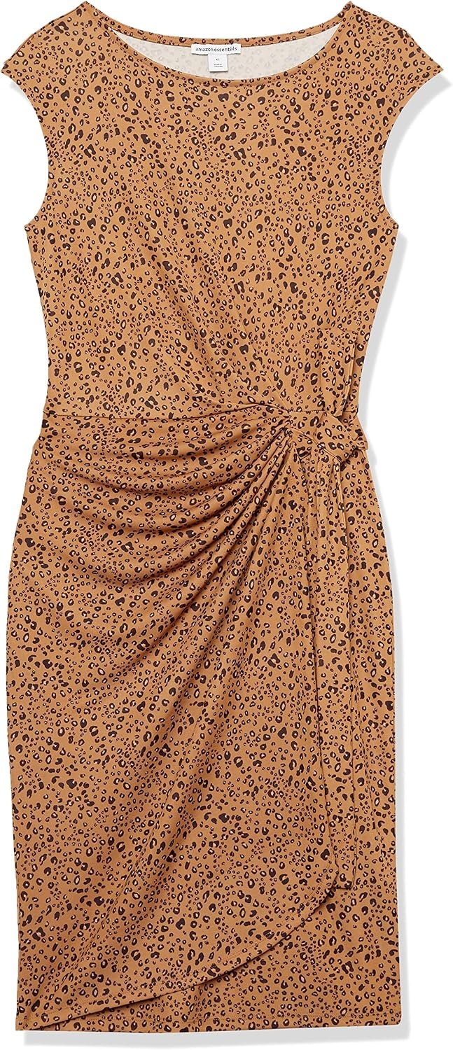 image:imageAmazon Essentials Womens Cap Sleeve BoatNeck Faux Wrap Pleated Matte Jersey DressDark Camel Leopard