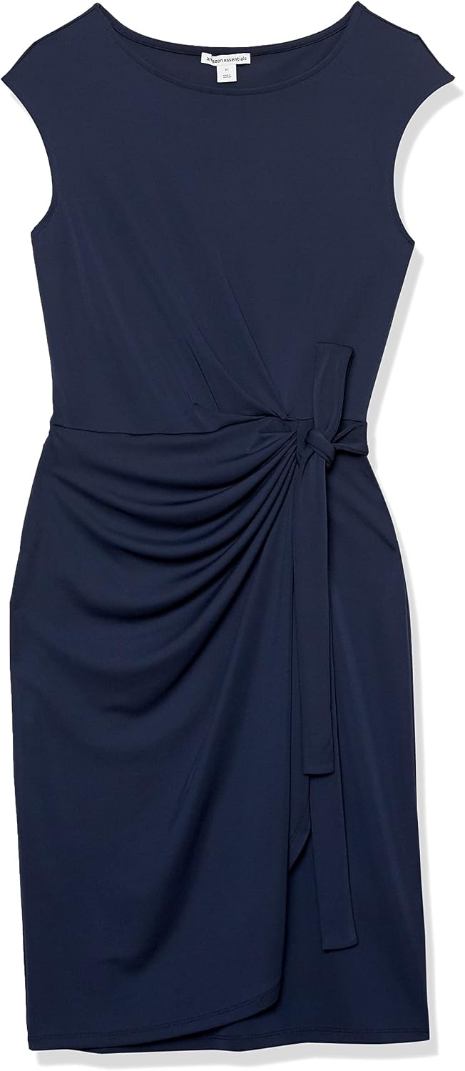 image:imageAmazon Essentials Womens Cap Sleeve BoatNeck Faux Wrap Pleated Matte Jersey DressNavy