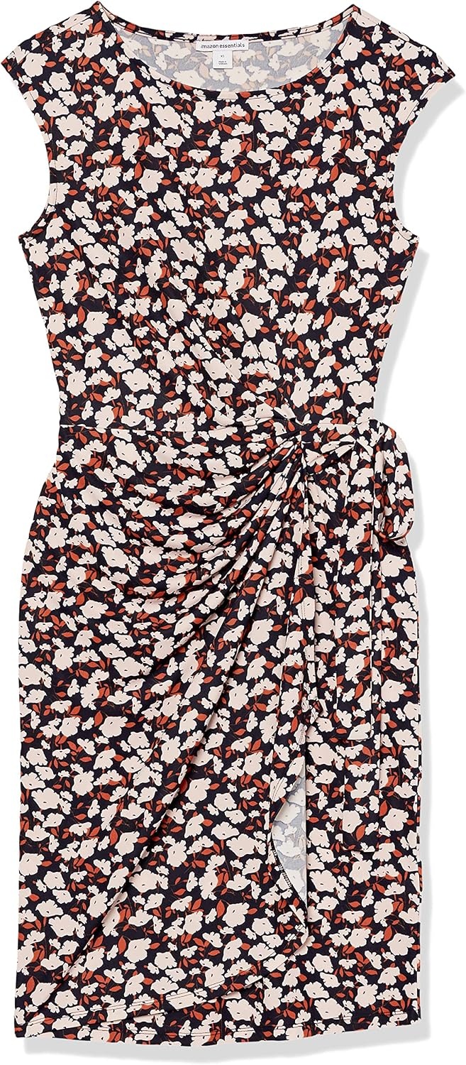 image:imageAmazon Essentials Womens Cap Sleeve BoatNeck Faux Wrap Pleated Matte Jersey DressPink Multi Floral