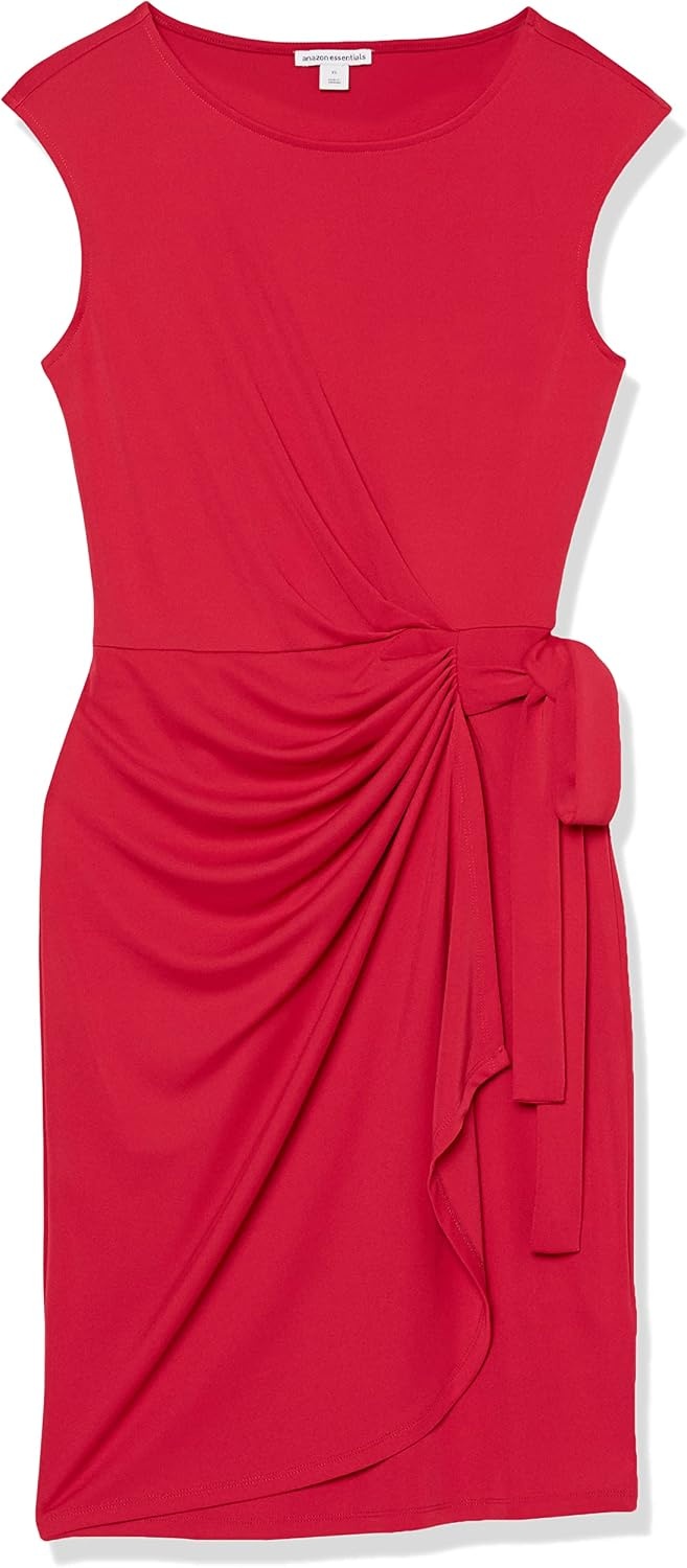 image:imageAmazon Essentials Womens Cap Sleeve BoatNeck Faux Wrap Pleated Matte Jersey DressRaspberry Red