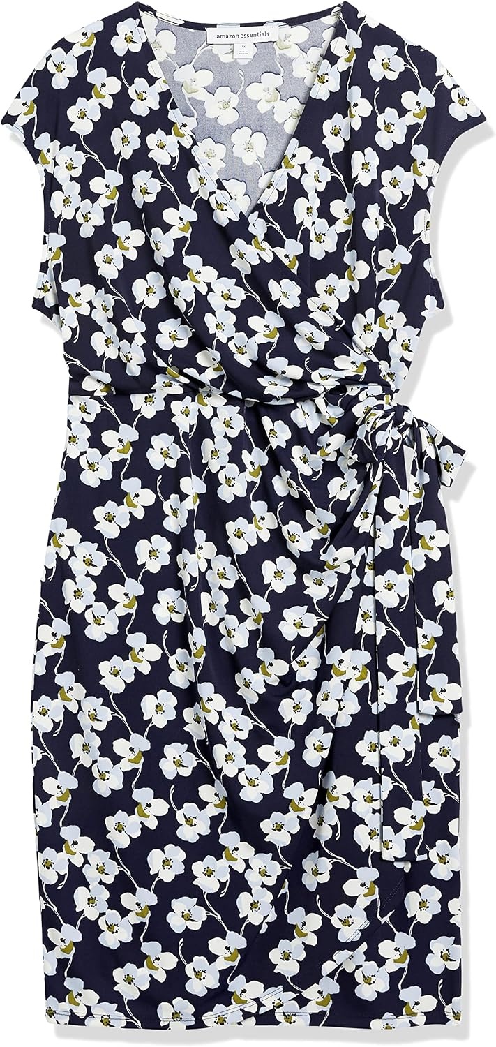 image:imageAmazon Essentials Womens Classic Cap Sleeve Wrap Dress with V Neck Pleated Waist Available in Plus SizeNavy Flowers