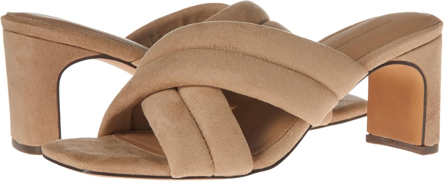 image:imageAmazon Essentials Womens Crossover Block Heeled Sandal with Padded Straps and Memory Foam InsoleBeige Faux Microsuede