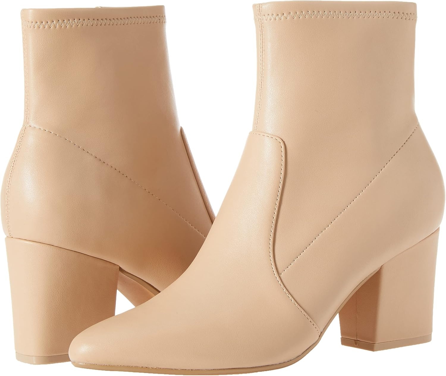 image:imageAmazon Essentials Womens Fitted Stretch Ankle Heel Boots with Pointed ToeBeige Faux Leather