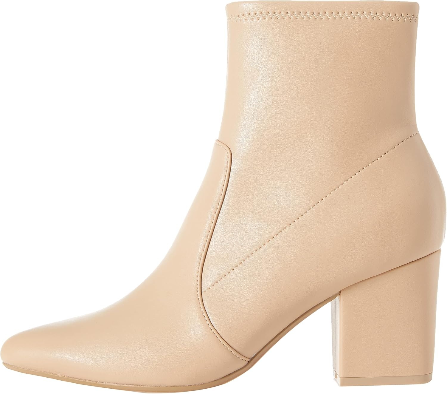 image:imageAmazon Essentials Womens Fitted Stretch Ankle Heel Boots with Pointed ToeBeige Faux Leather
