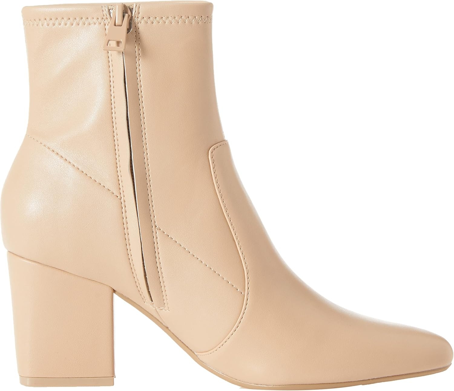 image:imageAmazon Essentials Womens Fitted Stretch Ankle Heel Boots with Pointed ToeBeige Faux Leather