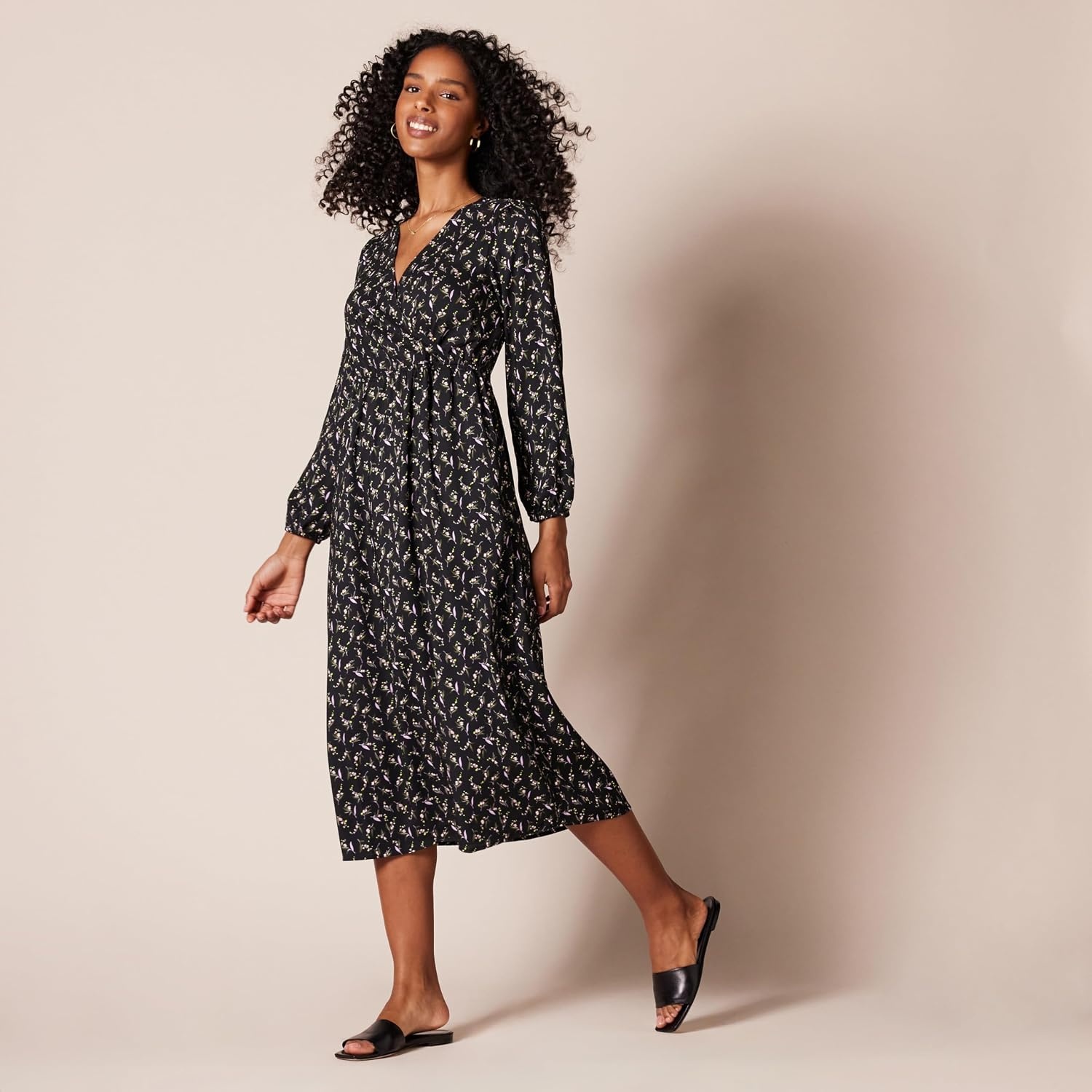 image:imageAmazon Essentials Womens Lightweight Georgette Long Sleeve VNeck Wrap Midi Dress Fit and FlareBlack Bouquet Floral
