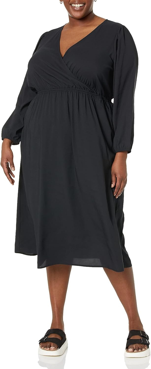 image:imageAmazon Essentials Womens Lightweight Georgette Long Sleeve VNeck Wrap Midi Dress Fit and FlareBlack