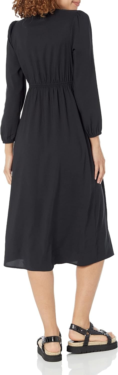 image:imageAmazon Essentials Womens Lightweight Georgette Long Sleeve VNeck Wrap Midi Dress Fit and FlareBlack