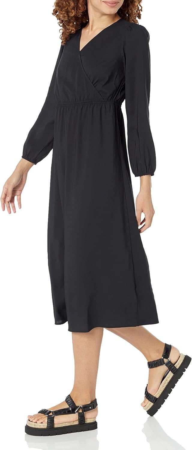 image:imageAmazon Essentials Womens Lightweight Georgette Long Sleeve VNeck Wrap Midi Dress Fit and FlareBlack