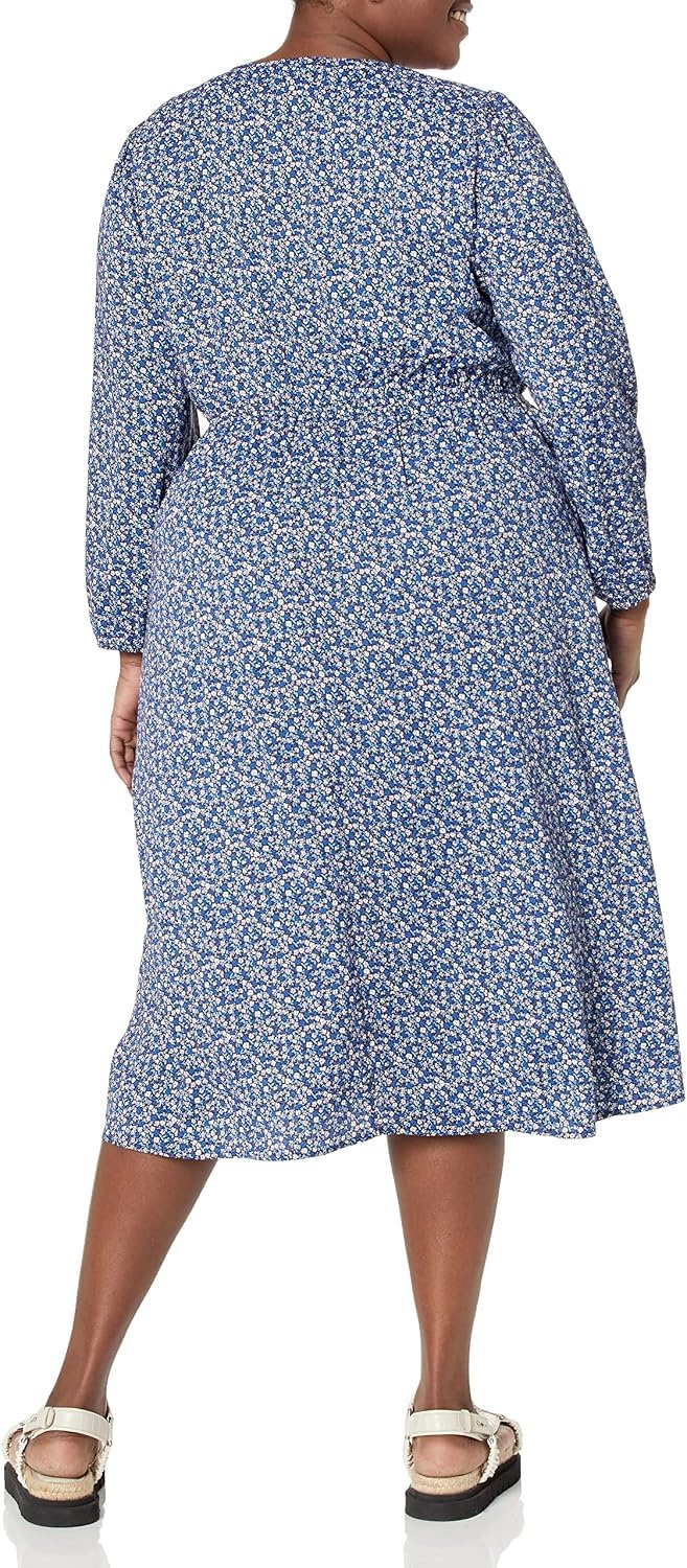 image:imageAmazon Essentials Womens Lightweight Georgette Long Sleeve VNeck Wrap Midi Dress Fit and FlareBlue Ditsy Floral