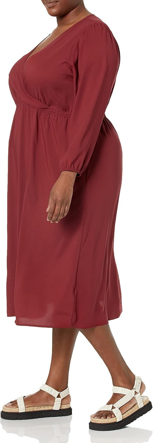 image:imageAmazon Essentials Womens Lightweight Georgette Long Sleeve VNeck Wrap Midi Dress Fit and FlareBurgundy