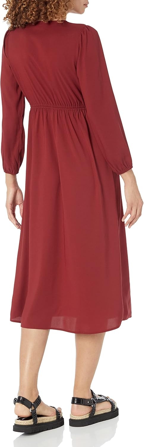 image:imageAmazon Essentials Womens Lightweight Georgette Long Sleeve VNeck Wrap Midi Dress Fit and FlareBurgundy