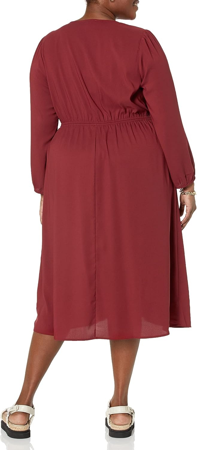 image:imageAmazon Essentials Womens Lightweight Georgette Long Sleeve VNeck Wrap Midi Dress Fit and FlareBurgundy