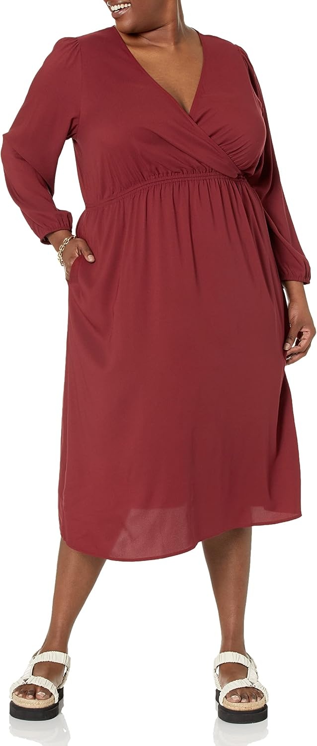 image:imageAmazon Essentials Womens Lightweight Georgette Long Sleeve VNeck Wrap Midi Dress Fit and FlareBurgundy