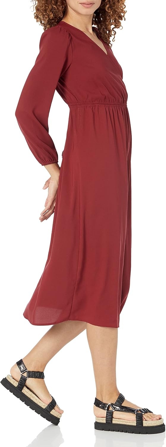 image:imageAmazon Essentials Womens Lightweight Georgette Long Sleeve VNeck Wrap Midi Dress Fit and FlareBurgundy