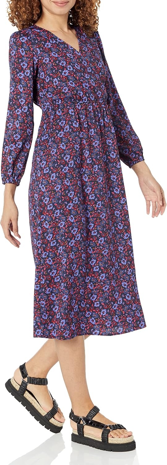 image:imageAmazon Essentials Womens Lightweight Georgette Long Sleeve VNeck Wrap Midi Dress Fit and FlareDark Blue Pansy