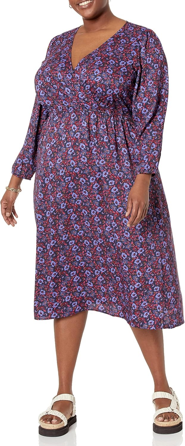 image:imageAmazon Essentials Womens Lightweight Georgette Long Sleeve VNeck Wrap Midi Dress Fit and FlareDark Blue Pansy