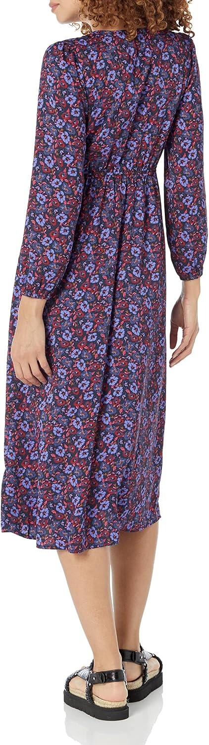 image:imageAmazon Essentials Womens Lightweight Georgette Long Sleeve VNeck Wrap Midi Dress Fit and FlareDark Blue Pansy