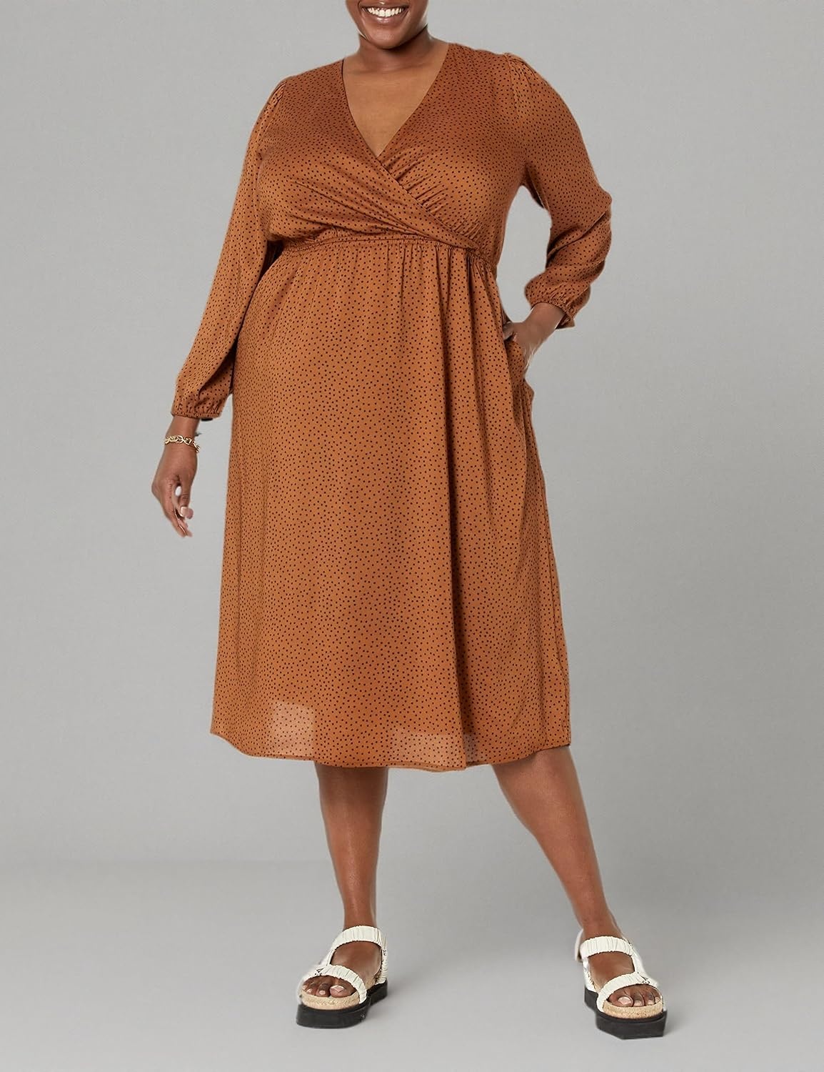 image:imageAmazon Essentials Womens Lightweight Georgette Long Sleeve VNeck Wrap Midi Dress Fit and FlareDark Chestnut Brown Diamond