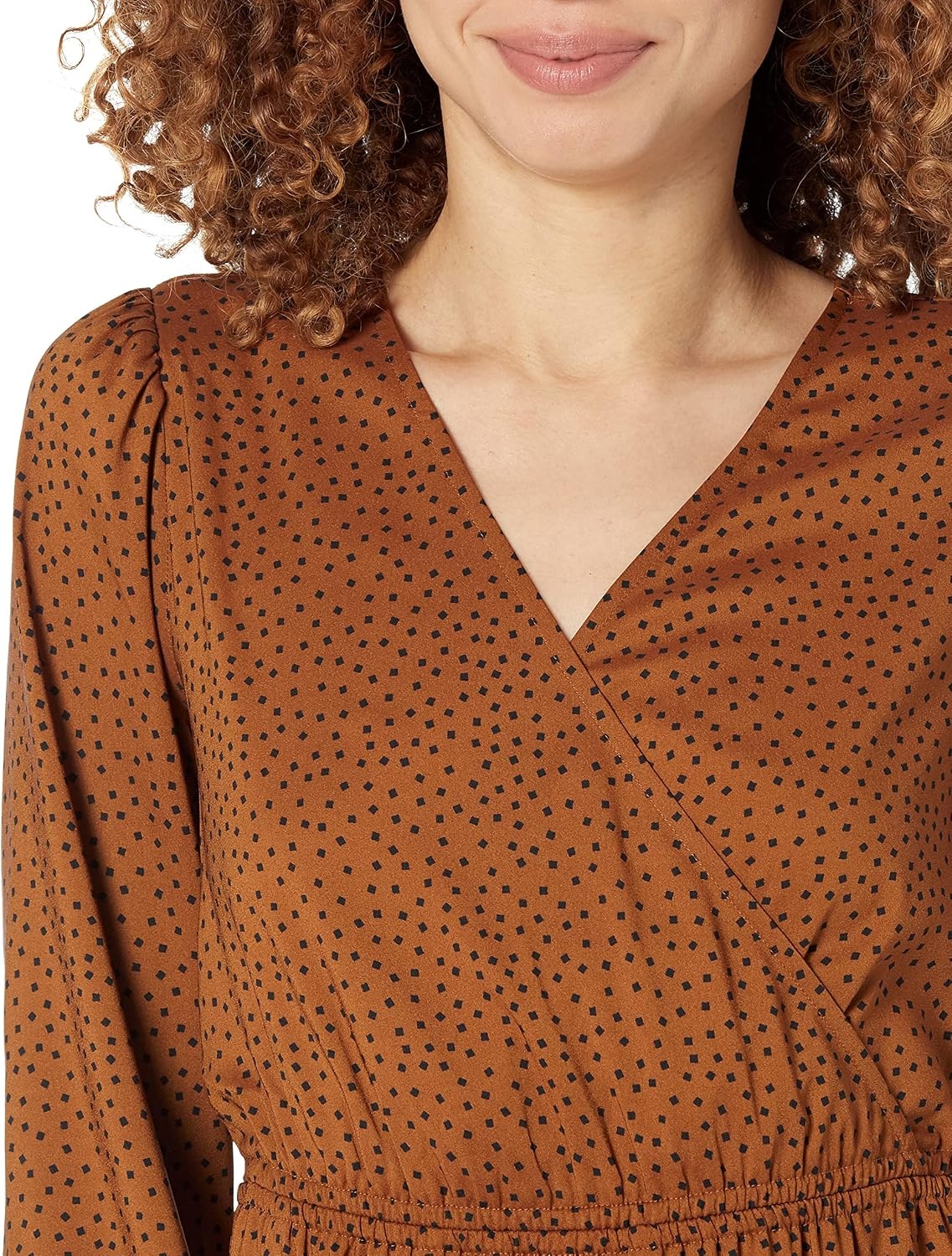 image:imageAmazon Essentials Womens Lightweight Georgette Long Sleeve VNeck Wrap Midi Dress Fit and FlareDark Chestnut Brown Diamond