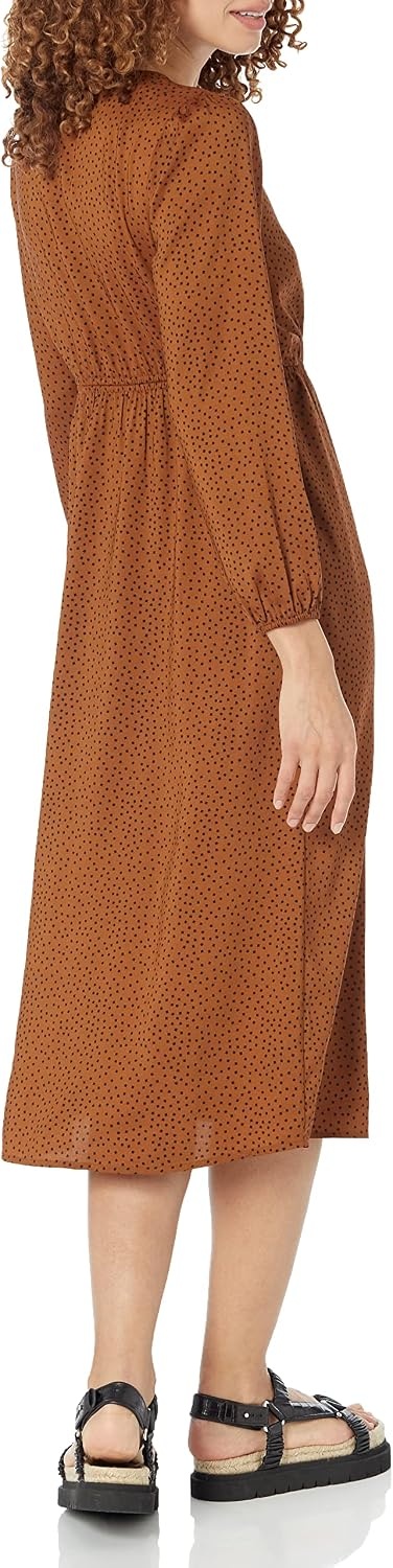 image:imageAmazon Essentials Womens Lightweight Georgette Long Sleeve VNeck Wrap Midi Dress Fit and FlareDark Chestnut Brown Diamond