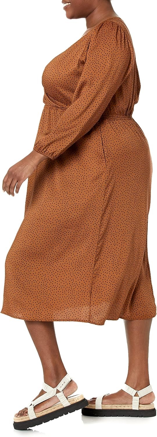 image:imageAmazon Essentials Womens Lightweight Georgette Long Sleeve VNeck Wrap Midi Dress Fit and FlareDark Chestnut Brown Diamond