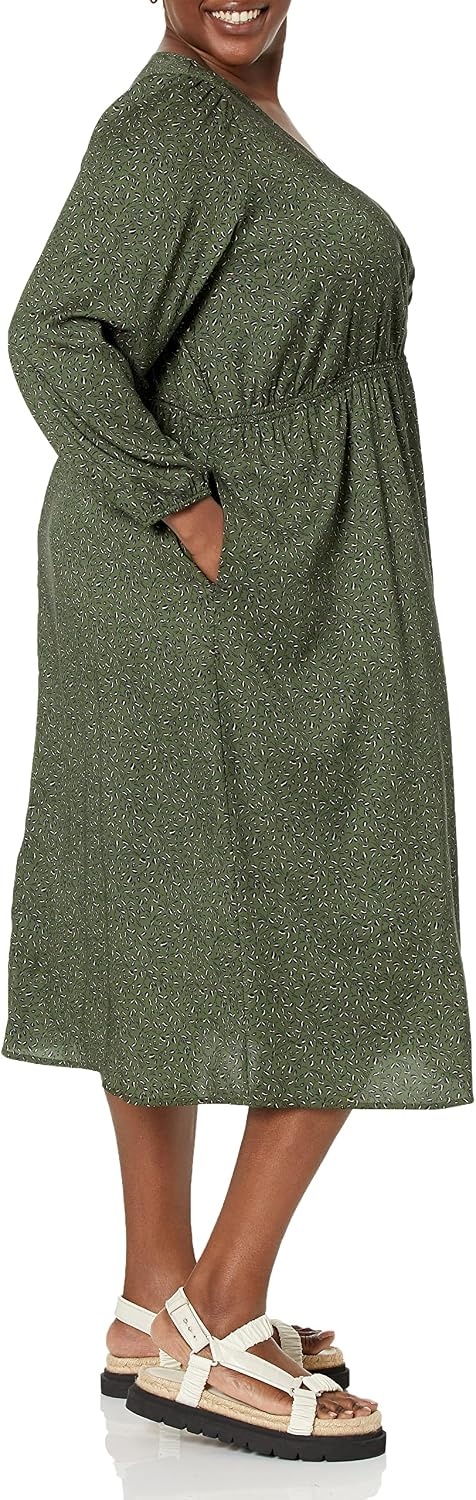 image:imageAmazon Essentials Womens Lightweight Georgette Long Sleeve VNeck Wrap Midi Dress Fit and FlareDark Olive Abstract Animal