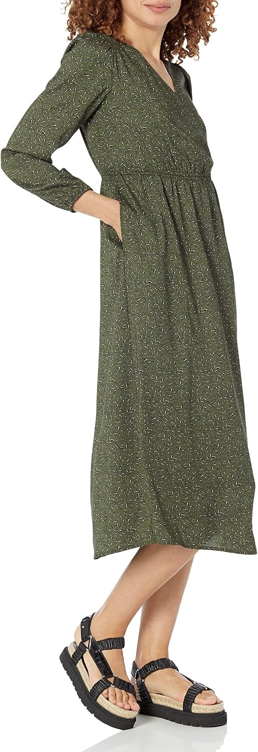 image:imageAmazon Essentials Womens Lightweight Georgette Long Sleeve VNeck Wrap Midi Dress Fit and FlareDark Olive Abstract Animal