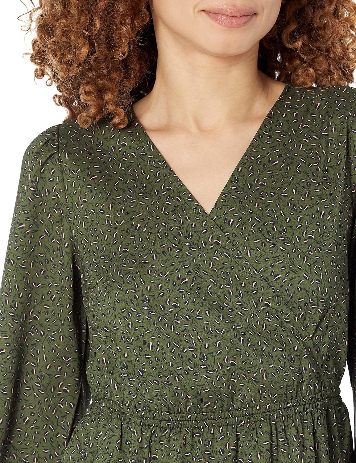 image:imageAmazon Essentials Womens Lightweight Georgette Long Sleeve VNeck Wrap Midi Dress Fit and FlareDark Olive Abstract Animal