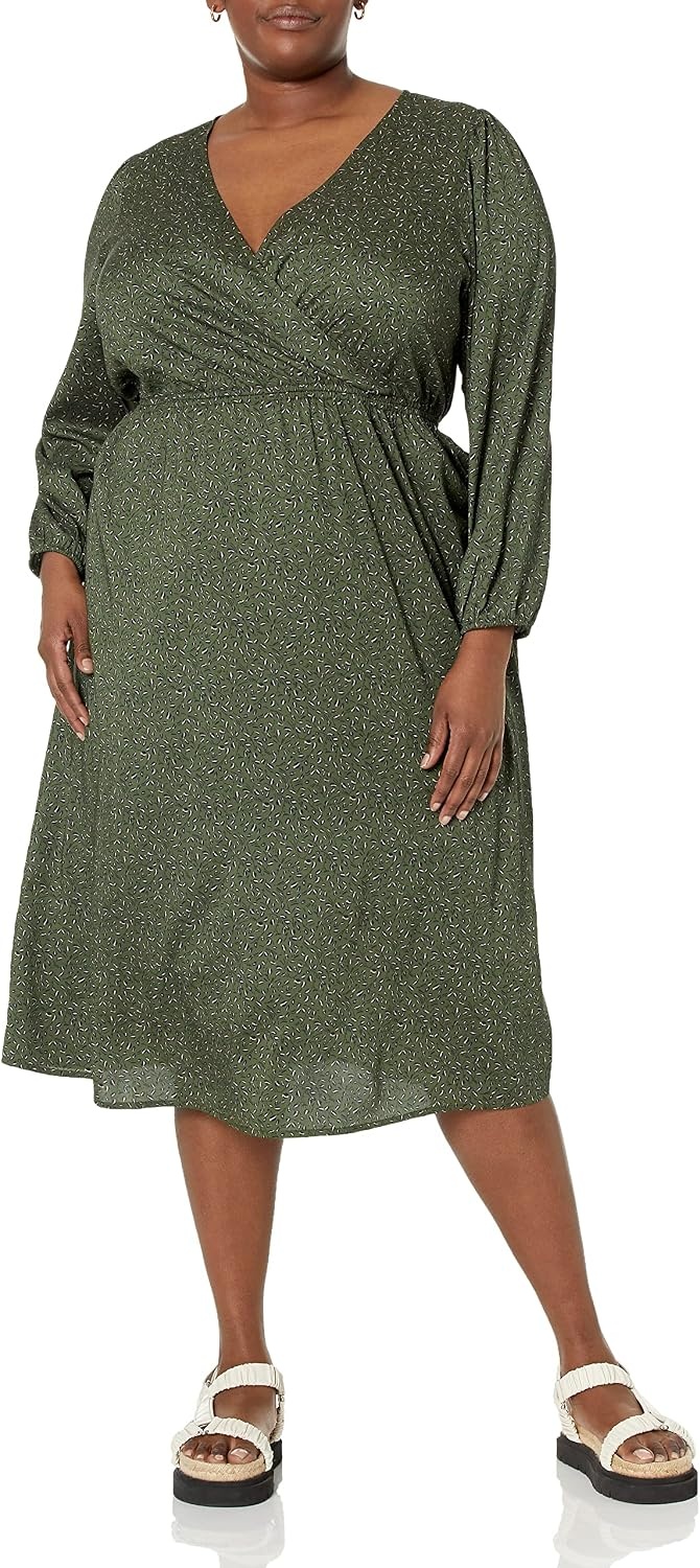 image:imageAmazon Essentials Womens Lightweight Georgette Long Sleeve VNeck Wrap Midi Dress Fit and FlareDark Olive Abstract Animal