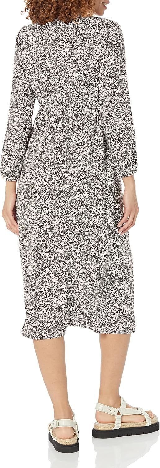 image:imageAmazon Essentials Womens Lightweight Georgette Long Sleeve VNeck Wrap Midi Dress Fit and FlareEspresso Leopard