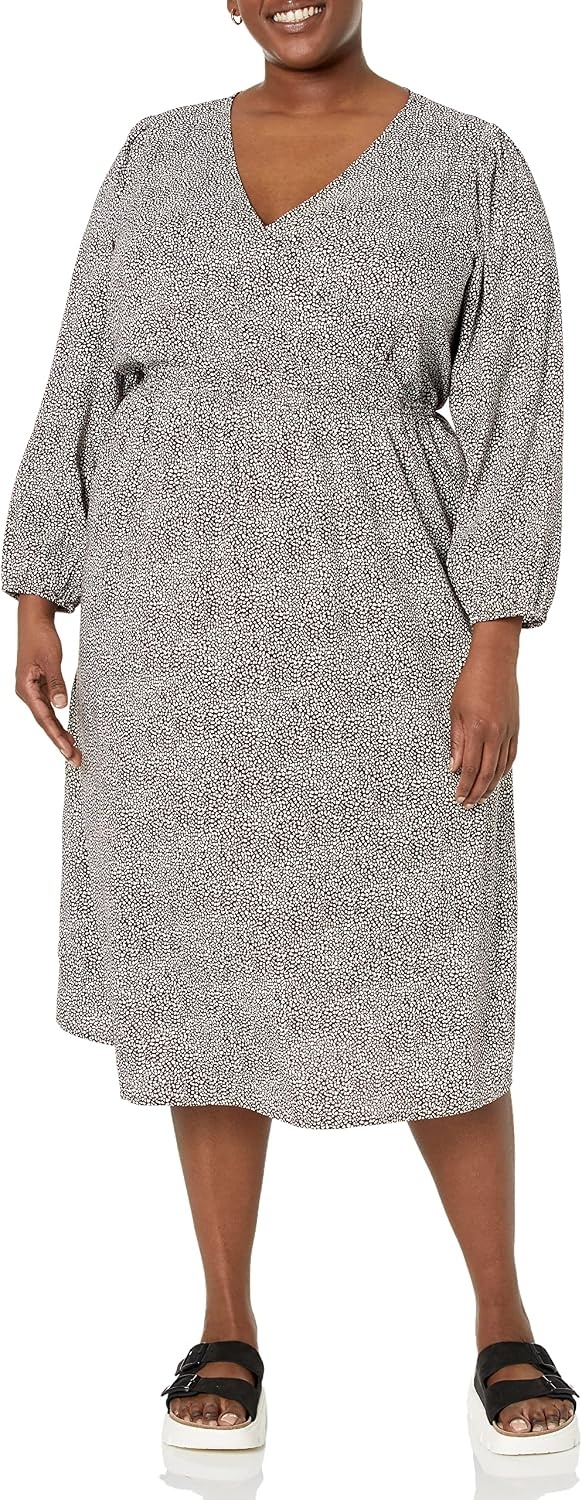 image:imageAmazon Essentials Womens Lightweight Georgette Long Sleeve VNeck Wrap Midi Dress Fit and FlareEspresso Leopard