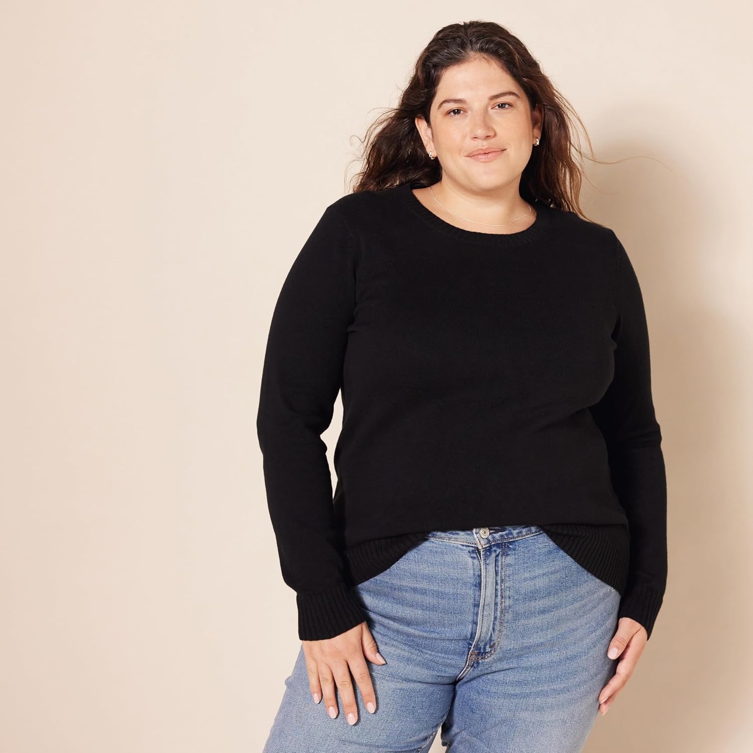 image:imageAmazon Essentials Womens Lightweight Soft Crewneck Sweater 100 Cotton Plus Size AvailableBlack