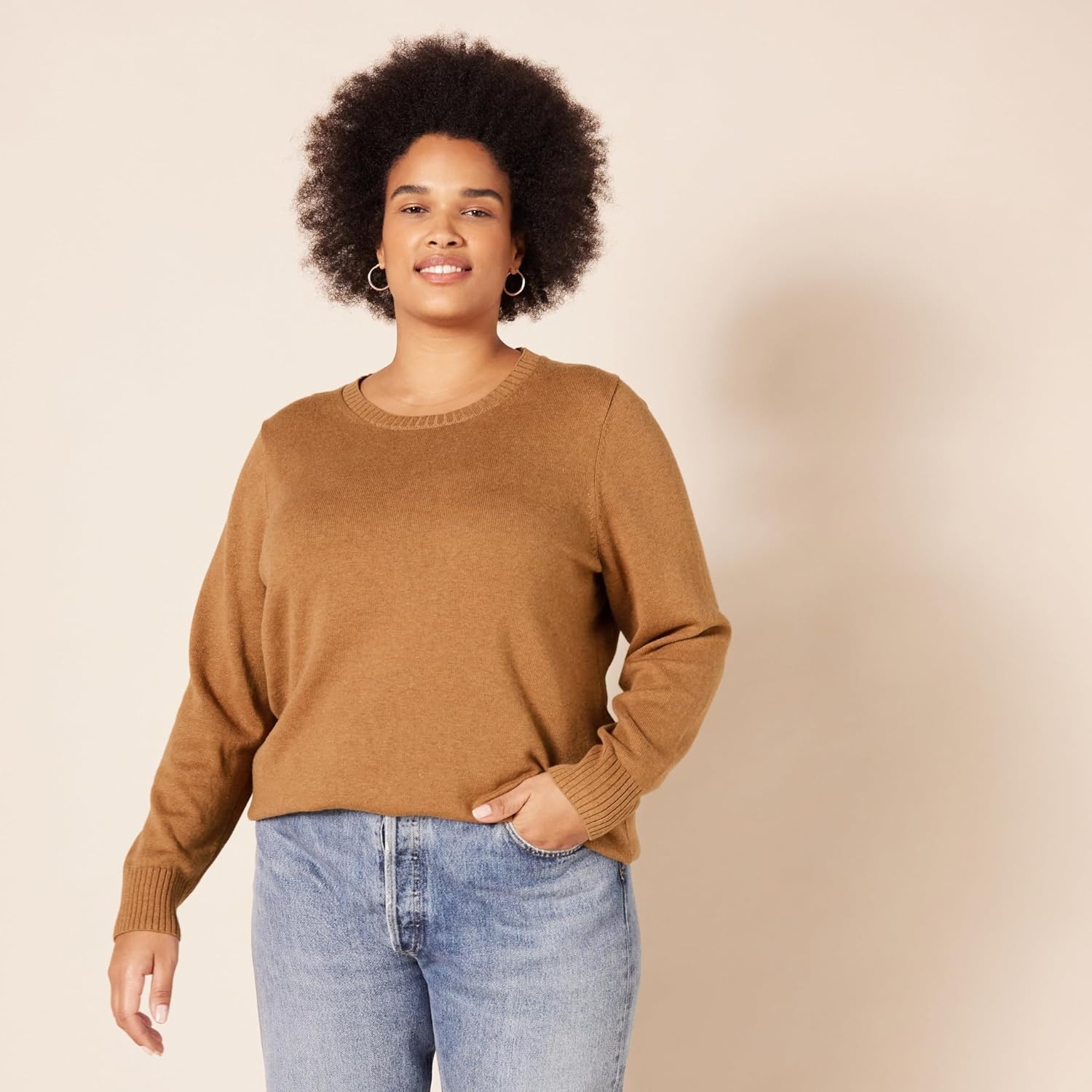 image:imageAmazon Essentials Womens Lightweight Soft Crewneck Sweater 100 Cotton Plus Size AvailableCamel Heather