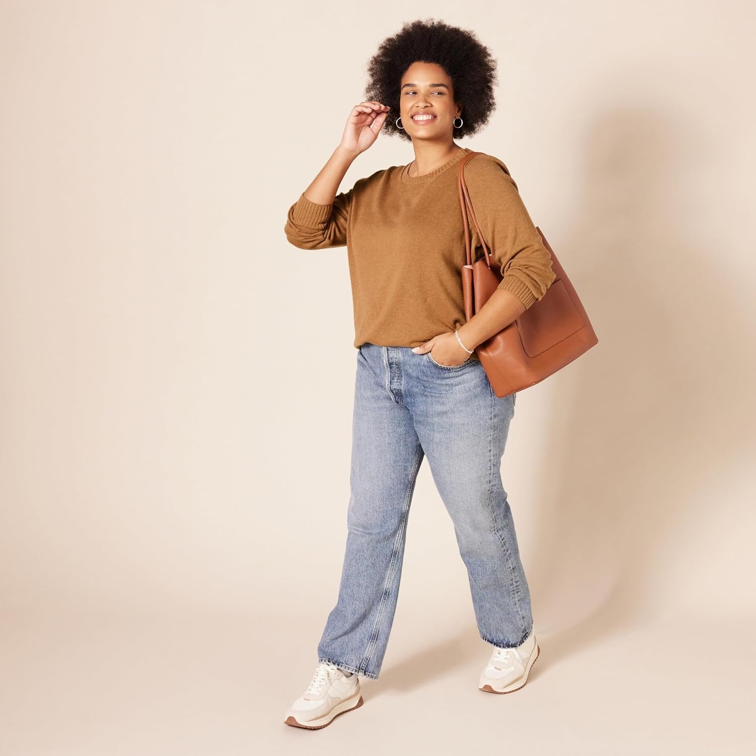 image:imageAmazon Essentials Womens Lightweight Soft Crewneck Sweater 100 Cotton Plus Size AvailableCamel Heather