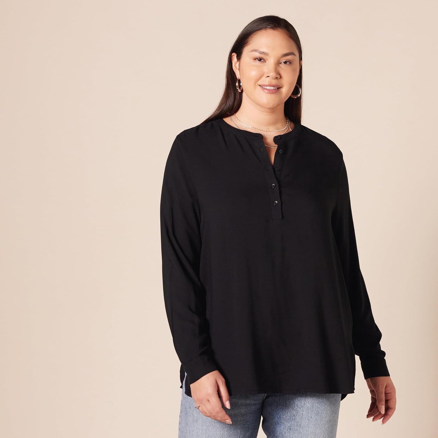 image:imageAmazon Essentials Womens LongSleeve Relaxed Fit Popover Blouse Collared Business Casual Work ShirtBlack