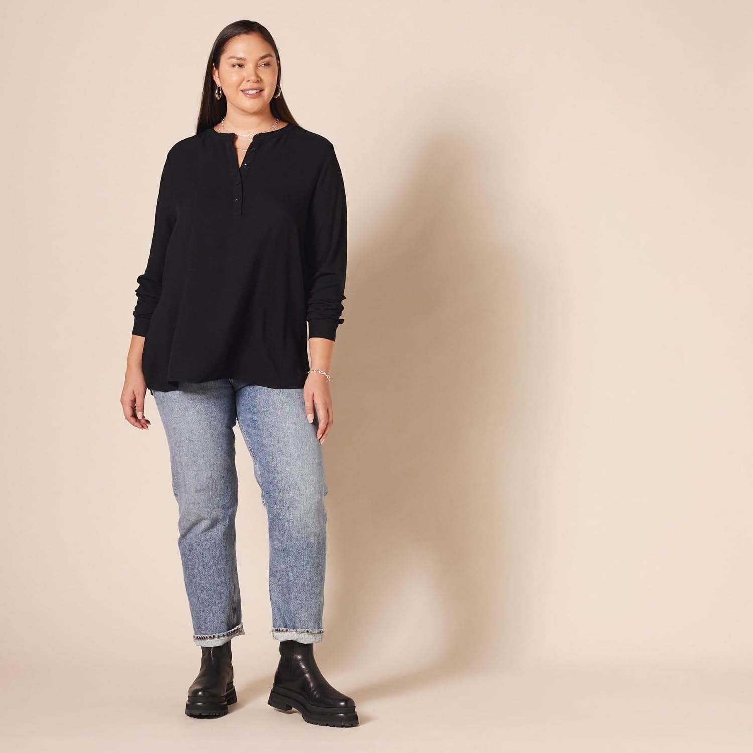 image:imageAmazon Essentials Womens LongSleeve Relaxed Fit Popover Blouse Collared Business Casual Work ShirtBlack