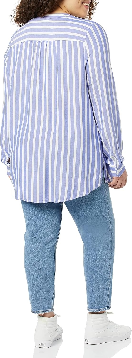 image:imageAmazon Essentials Womens LongSleeve Relaxed Fit Popover Blouse Collared Business Casual Work ShirtBlue Classic Bold Stripe