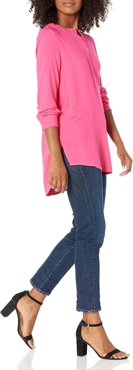 image:imageAmazon Essentials Womens LongSleeve Relaxed Fit Popover Blouse Collared Business Casual Work ShirtBright Pink