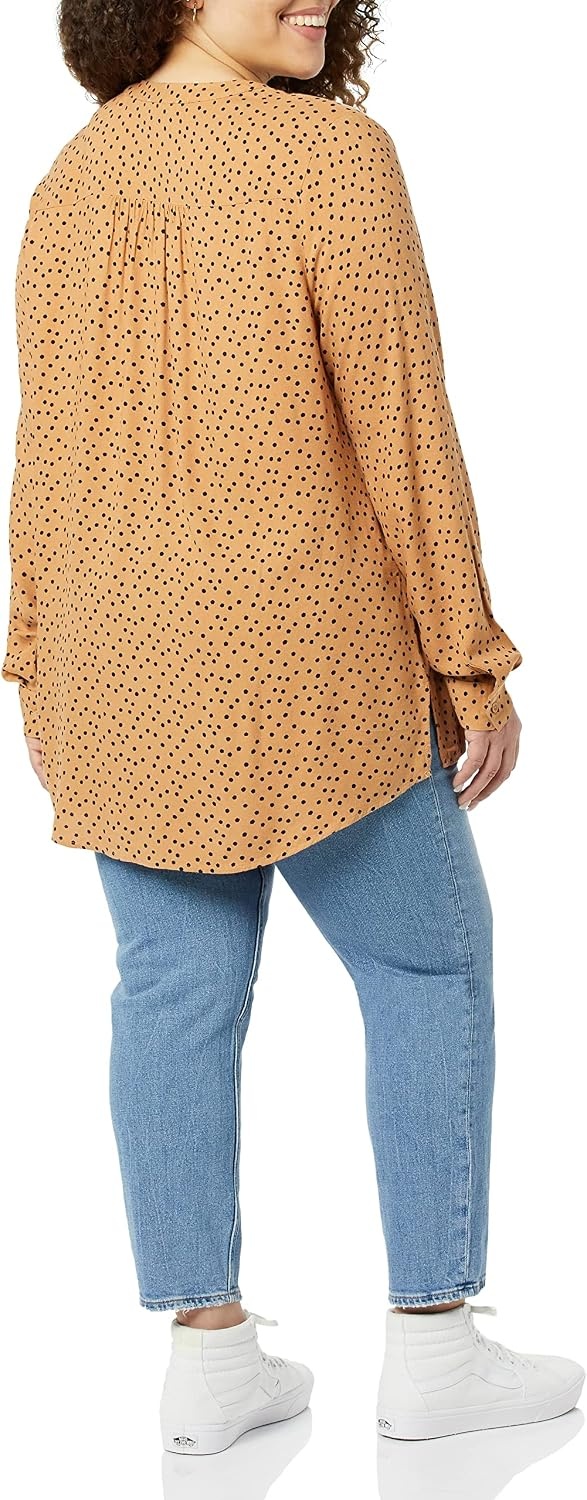image:imageAmazon Essentials Womens LongSleeve Relaxed Fit Popover Blouse Collared Business Casual Work ShirtCamel Black Dot Print