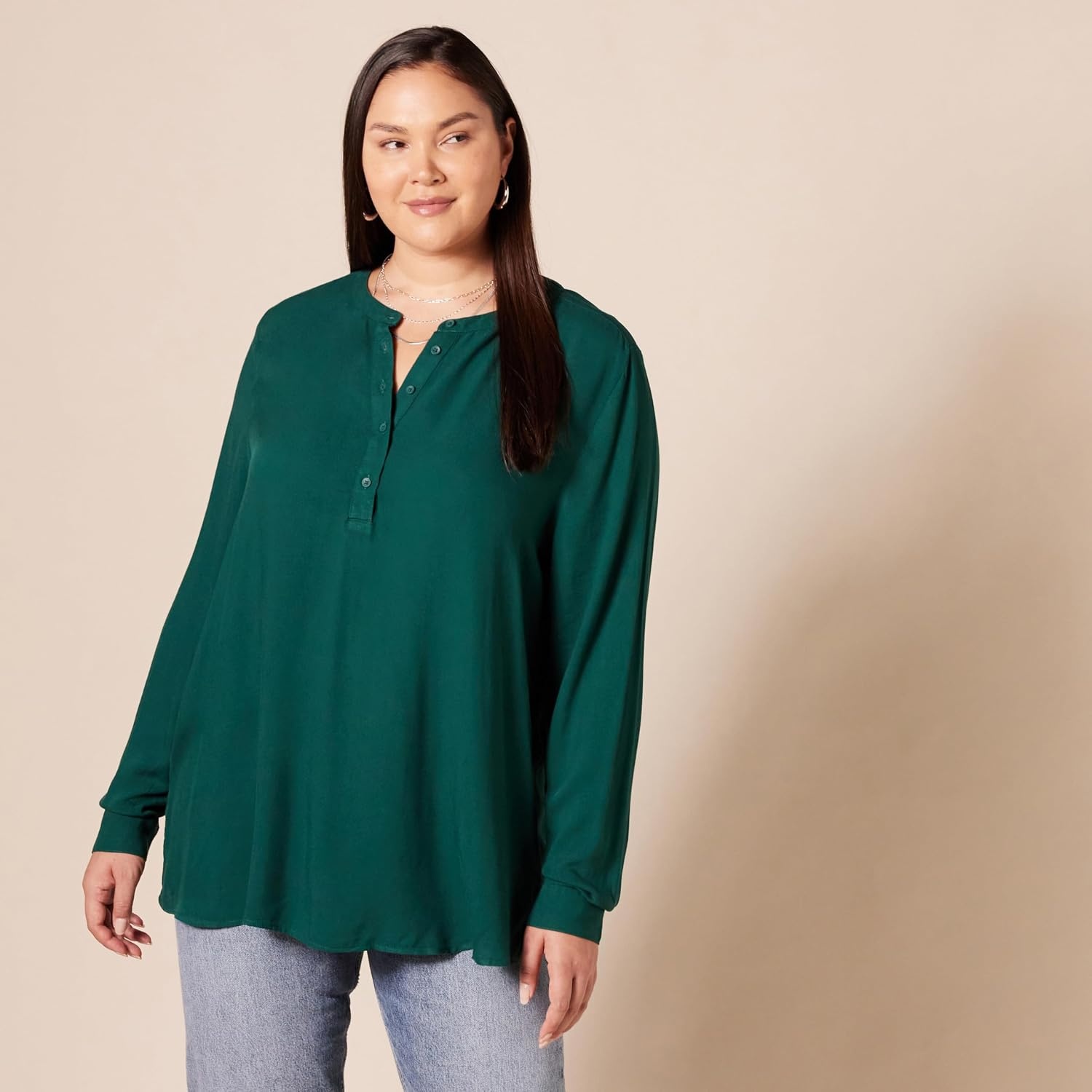 image:imageAmazon Essentials Womens LongSleeve Relaxed Fit Popover Blouse Collared Business Casual Work ShirtDark Green