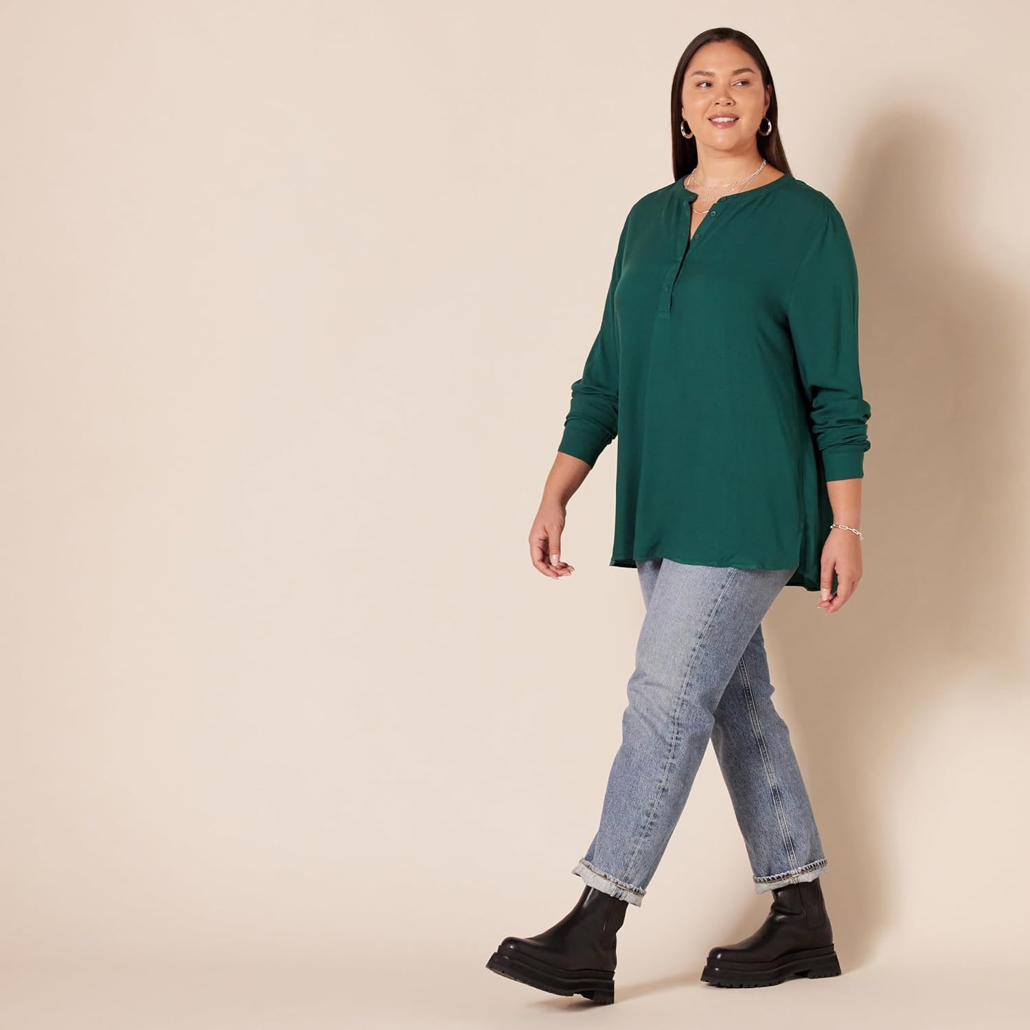 image:imageAmazon Essentials Womens LongSleeve Relaxed Fit Popover Blouse Collared Business Casual Work ShirtDark Green